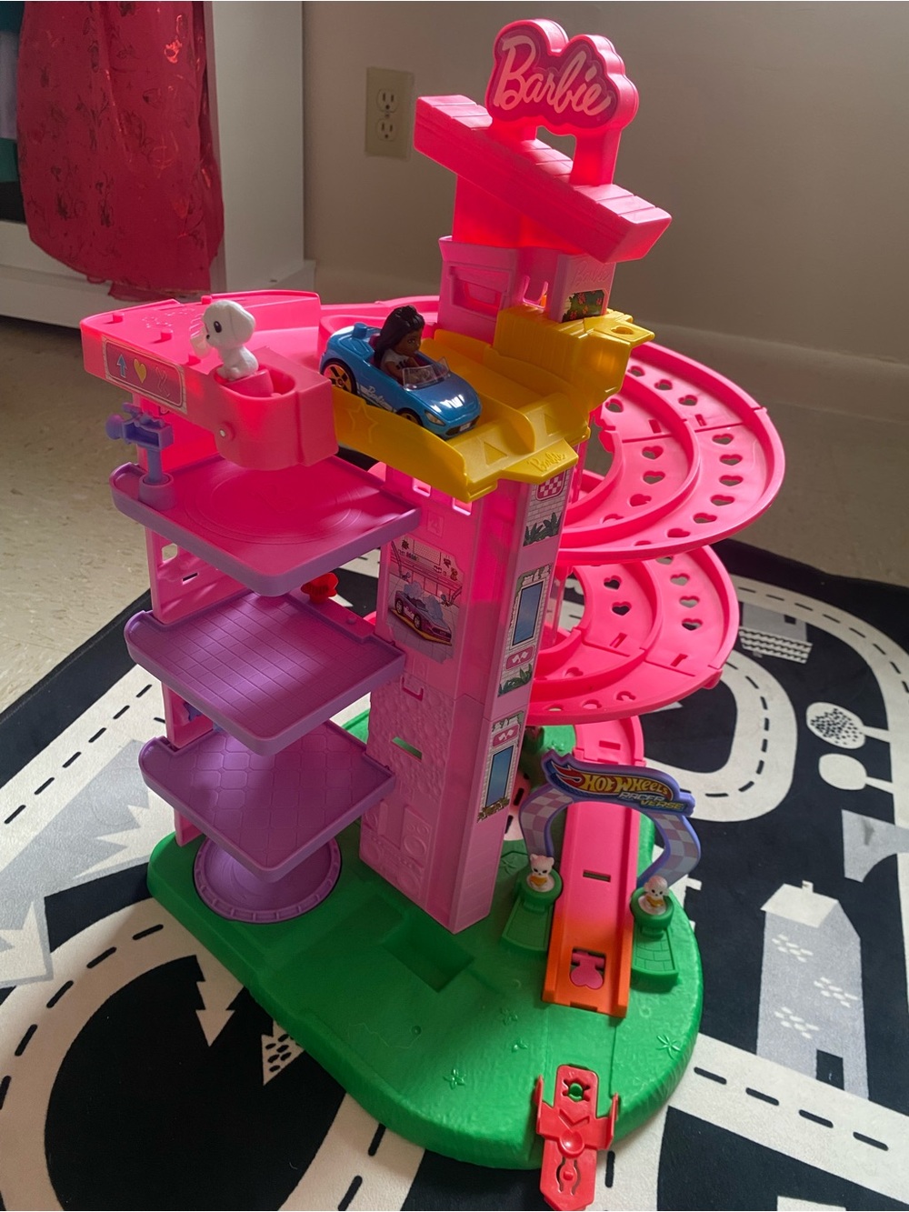 Barbie Pink and Purple Spiral Raceway with Blue Car and Yellow Launch